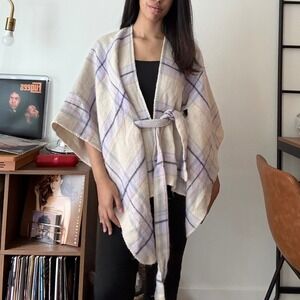 2 Hearts Plaid Belted Poncho Shawl Cream Lavender Purple One Size OS Wrap